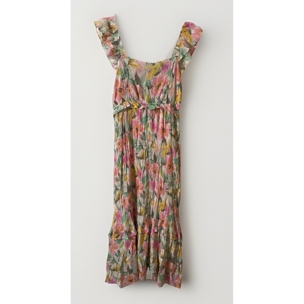 By the River Floral Ruffle Strap Maxi Dress Pink Yellow Green Boho Tiered Large